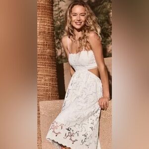 Express White Strapless Lace Midi Dress with Cutouts